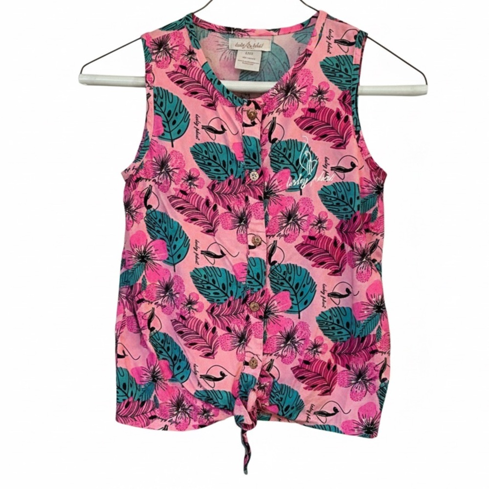 Baby Phat Pink Tropical Floral Rayon Tie-Front Blouse Top Girls L (10)